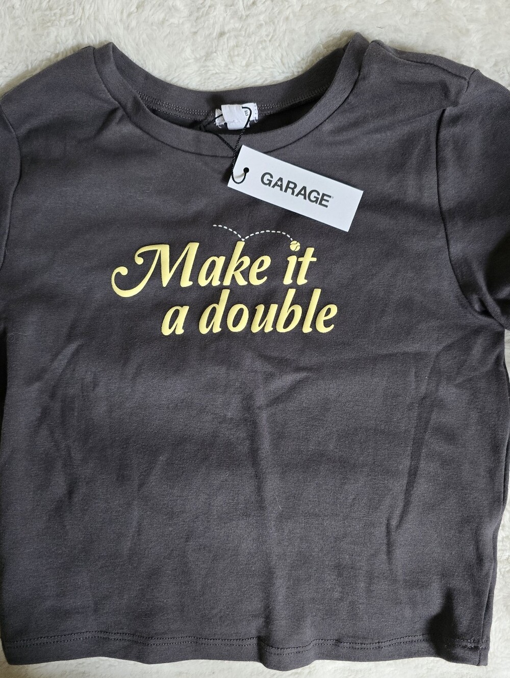 Garage  Charcoal Crop Top with Yellow 'Make it a double' Graphic